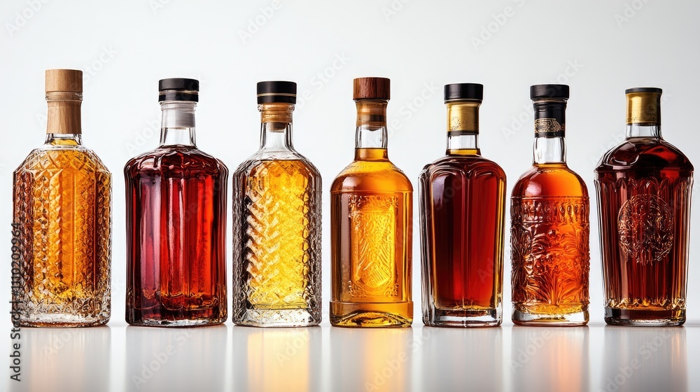 Collection of assorted liquor bottles with distinctive shapes and colors, arranged on a clean white background, showcasing various whisky, rum, and spirits, alcohol, product display, beverages. Collection of assorted liquor bottles with distinctive shapes and colors, arranged on a clean white background, showcasing various whisky, rum, and spirits, alcohol, product display, beverages.