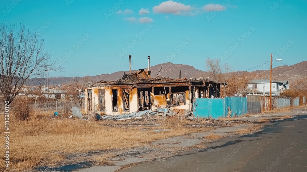 Abandoned house aftermath of fire with charred debris under clear blue sky and mountains in the background on a desolate street Abandoned house aftermath of fire with charred debris under clear blue sky and mountains in the background on a desolate street
