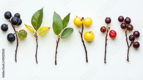 Autumn branch plants featuring diverse shrubs and berries in vibrant colors arranged on a light background for botanical illustration purposes.