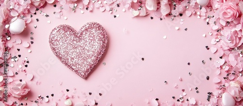 Valentine's Day heart symbol made from sparkling confetti on a pastel pink background surrounded by floral decorations and festive elements