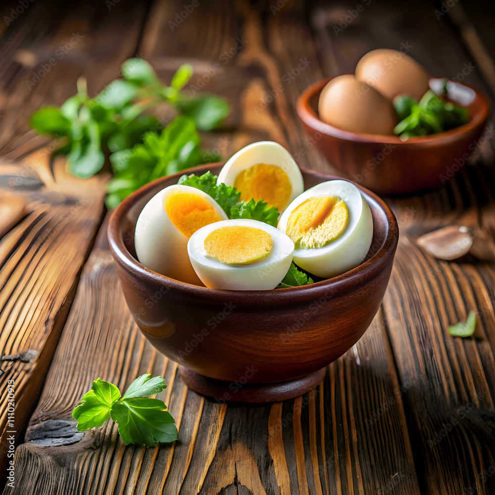 side view of boiled eggs with a bowl on wooden rust side view of boiled eggs with a bowl on wooden rust