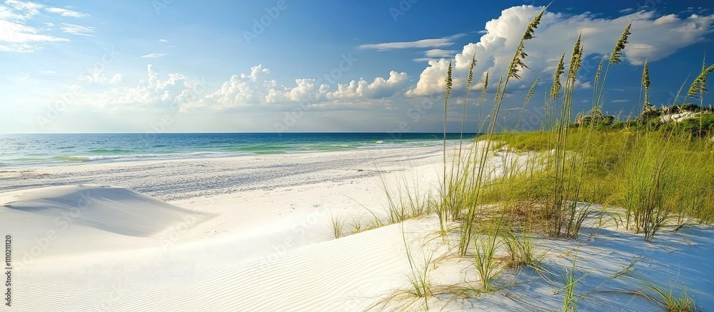 Serene morning light over pristine white sand dunes meeting a tranquil azure ocean and clear sky with gentle grasses in the foreground Serene morning light over pristine white sand dunes meeting a tranquil azure ocean and clear sky with gentle grasses in the foreground