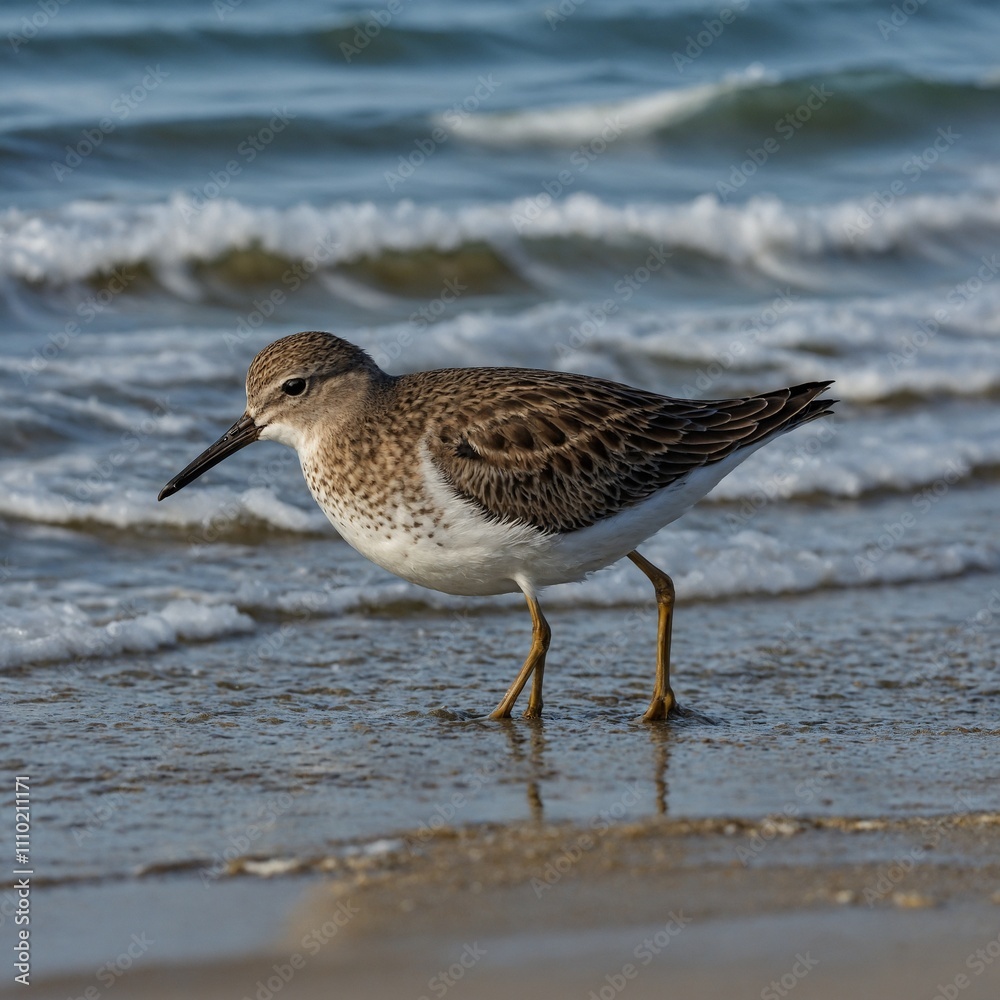 A sandpiper walking along the shoreline with calm waves.
A sandpiper walking along the shoreline with calm waves.
