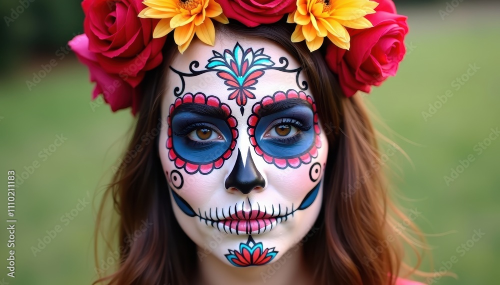 Calavera Makeup Art with Floral Patterns for a Day of the Dead Celebration Look.