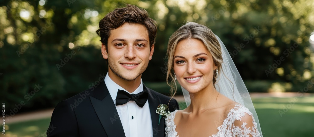 Elegant newlyweds posing together in a scenic park setting celebrating their love and commitment on their wedding day. Elegant newlyweds posing together in a scenic park setting celebrating their love and commitment on their wedding day.