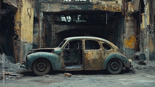 Vintage car doors as spare parts in a dilapidated garage showcasing rustic automotive history and nostalgia for auto enthusiasts. photo