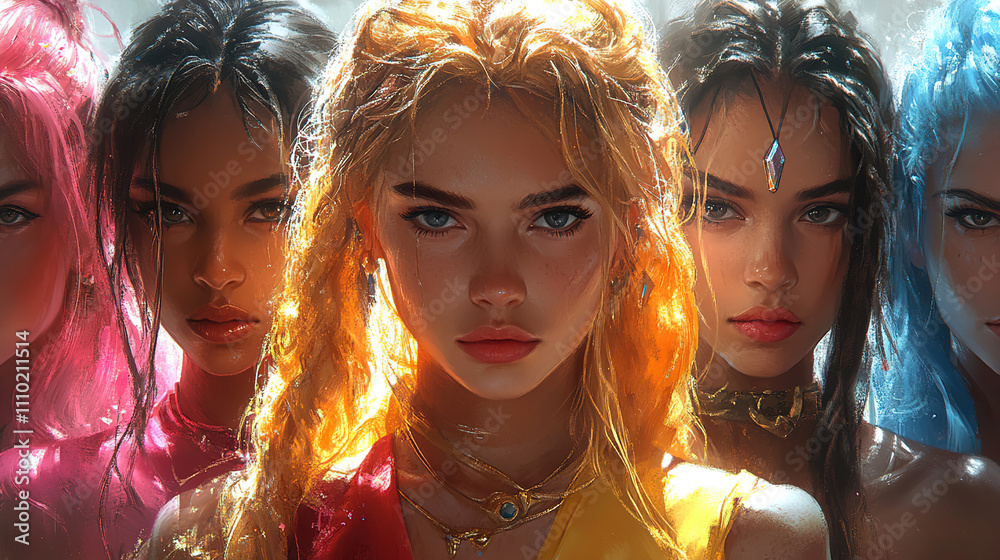 Obraz premium Colorful group of young women with striking hairstyles and bold styles posing confidently outdoors during daylight. Generative AI