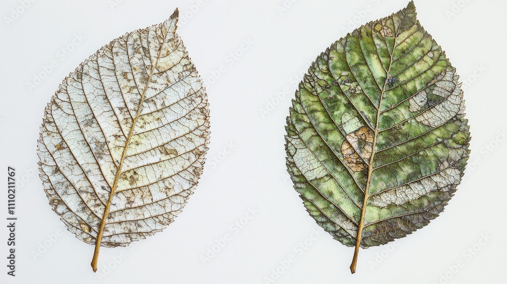 Obraz premium Mulberry green and dried leaf on a white background showcasing distinct textures in an herbarium collection concept