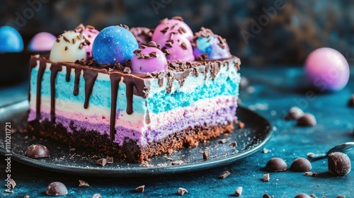 Colorful mousse cake adorned with blue and purple chocolate spheres on a dark textured background photo