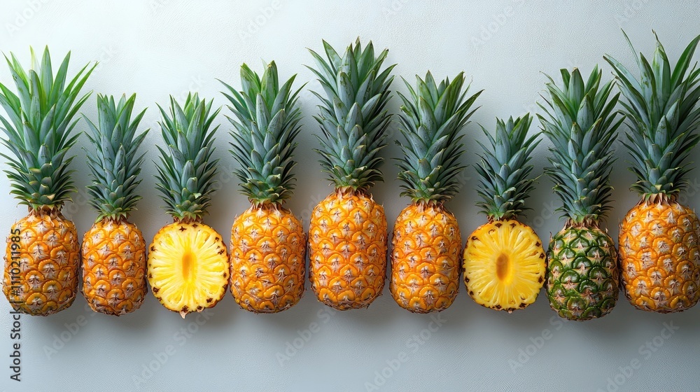 Fototapeta premium Pineapple variety display whole and sliced on a white background showcasing different stages of pineapple preparation and freshness