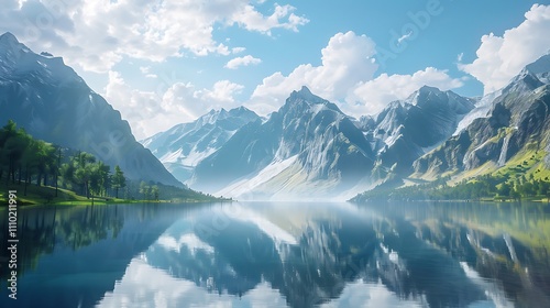 Beautiful landscape with mountains reflected in the lake