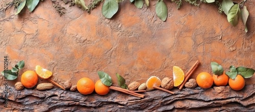 Wallpaper Mural Rustic flat lay composition of tangerines, nuts, cinnamon sticks, and cypress branches on textured bark background with space for design. Torontodigital.ca