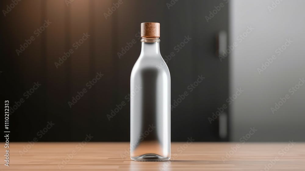 Clear glass bottle with cork stopper on wooden surface. Clear glass bottle with cork stopper on wooden surface.