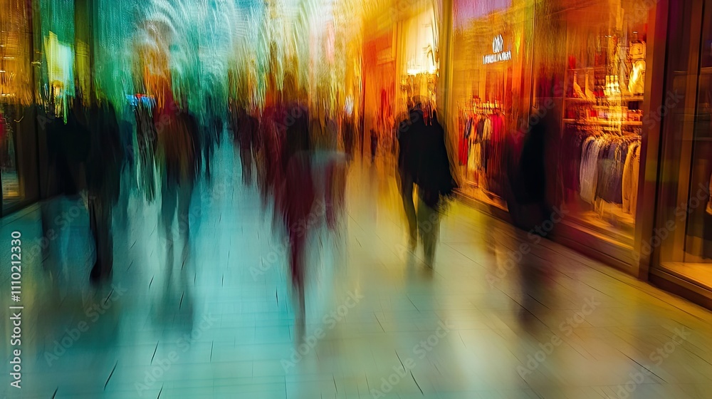 Abstract motion blur of shoppers walking past high-end stores in a luxury shopping mall hallway