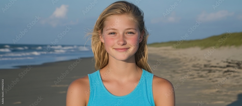 Young woman smiling on a beach with gentle waves and blue skies capturing a carefree summer vibe and youthful joy Young woman smiling on a beach with gentle waves and blue skies capturing a carefree summer vibe and youthful joy