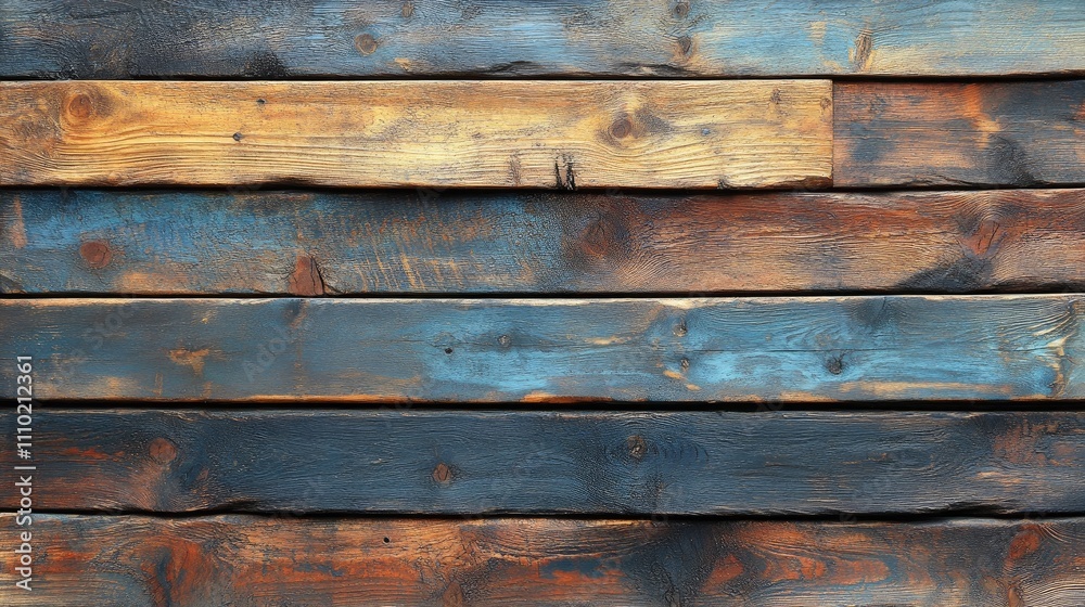 Naklejka premium Weathered wooden planks in a colorful textured arrangement highlighting the rustic charm and aged character of natural wood surfaces