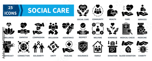 Social Care icon collection set. Containing social care, community, health support, empathy, compassion, solidarity, respect, donation icon. Simple black fill vector.