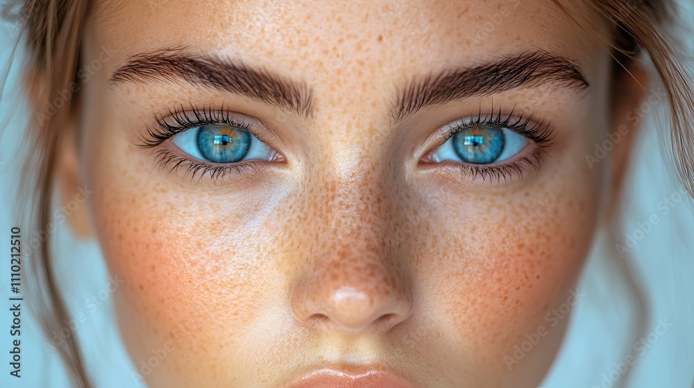 Close-up portrait of a young woman with striking eyebrows and vibrant blue eyes, set against a plain white background, beauty, skincare, natural look, portrait photography.
