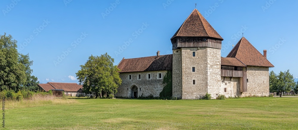 Majestic medieval castle surrounded by lush greenery in a serene countryside setting. Majestic medieval castle surrounded by lush greenery in a serene countryside setting.
