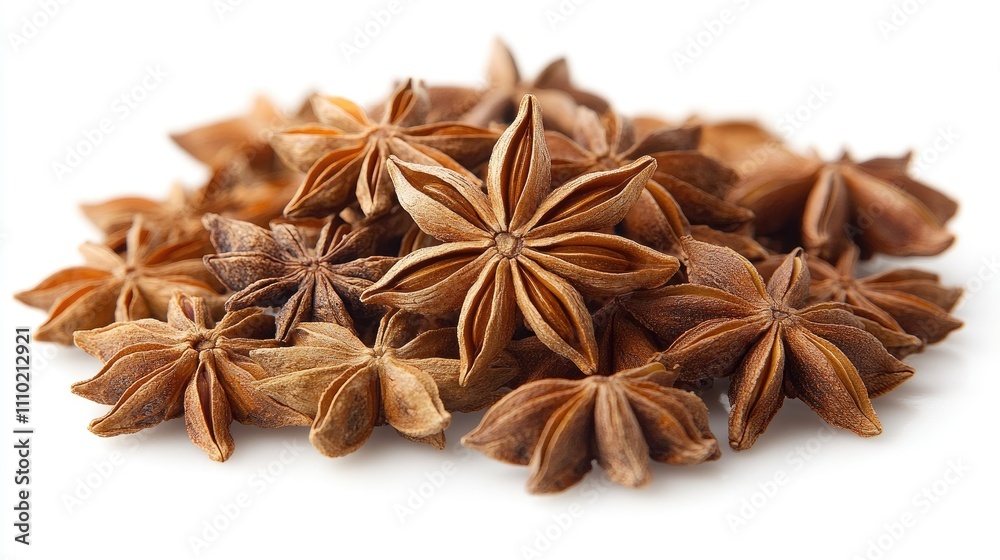 Dried star anise spices arranged on a white background showcasing their unique star-shaped structure and rich brown color. Dried star anise spices arranged on a white background showcasing their unique star-shaped structure and rich brown color.