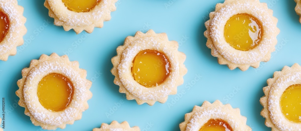 Linzer egg cookies filled with lemon jam arranged on a vibrant blue background showcasing their sweet and delicious appeal Linzer egg cookies filled with lemon jam arranged on a vibrant blue background showcasing their sweet and delicious appeal