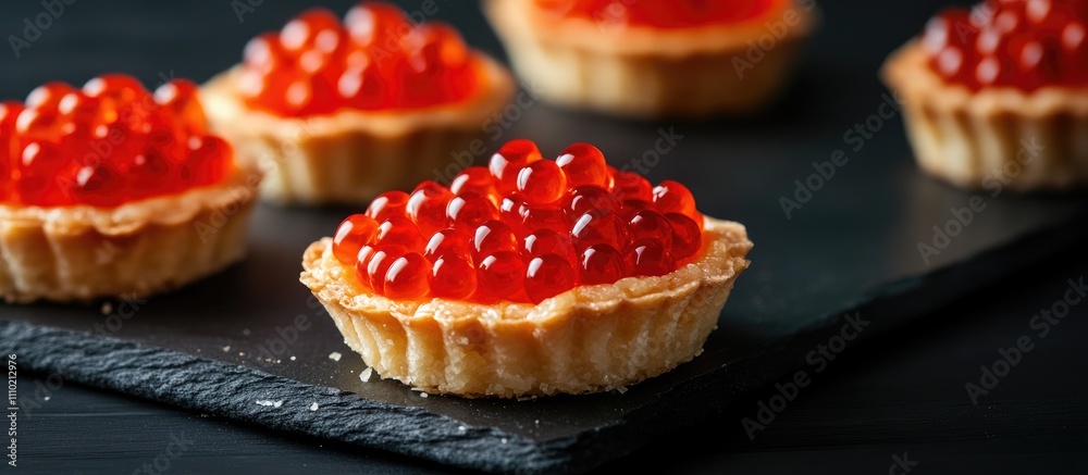 Elegant tartlets with vibrant red caviar arranged on a dark slate background showcasing gourmet culinary art and luxury dining. Elegant tartlets with vibrant red caviar arranged on a dark slate background showcasing gourmet culinary art and luxury dining.