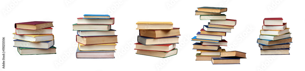 Stacks of various books arranged in different formations showcasing diverse colors and sizes on a clean a white background Stacks of various books arranged in different formations showcasing diverse colors and sizes on a clean a white background