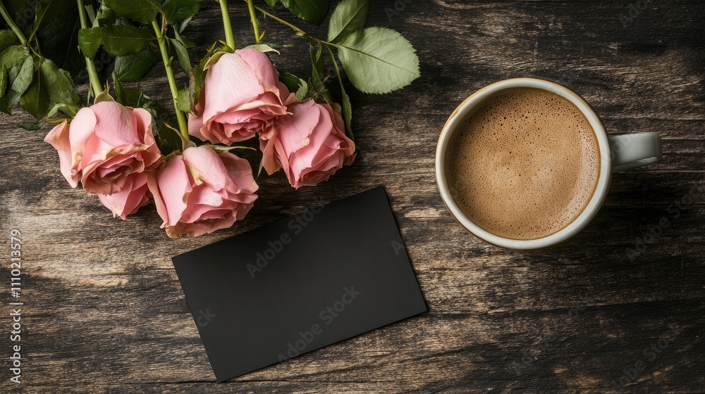 Black card mockup surrounded by pink roses and coffee on rustic wooden table for elegant invitations or greeting cards.