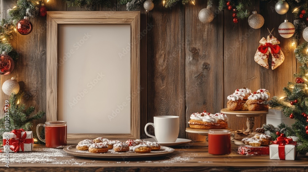 A Christmas table with a white frame and a Christmas tree in the background A Christmas table with a white frame and a Christmas tree in the background