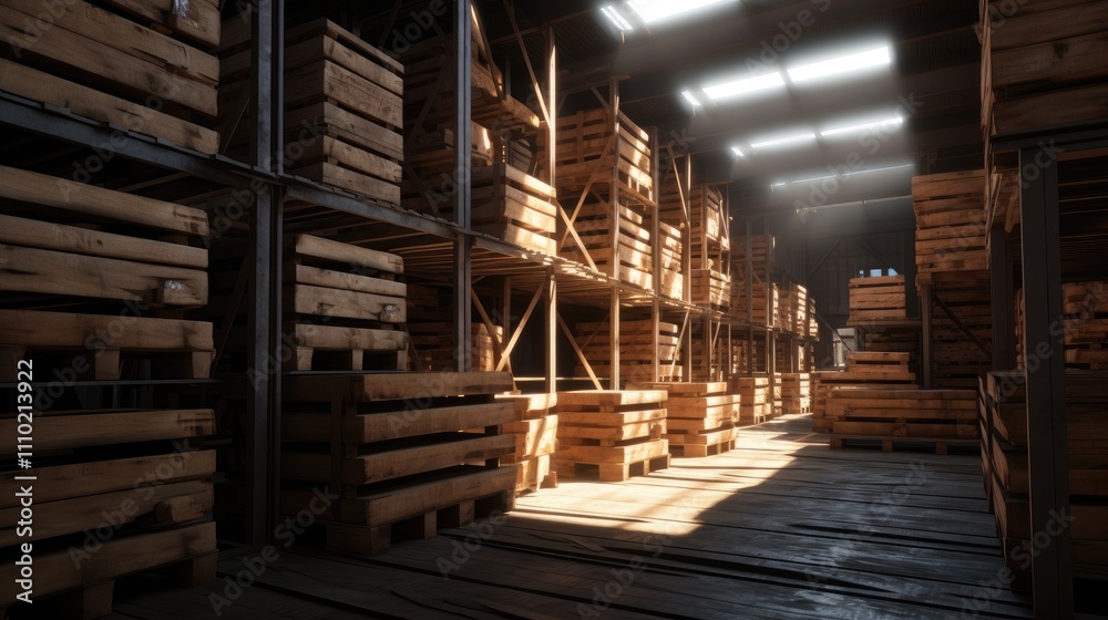 Wooden pallets stacked neatly in a well-lit warehouse storage space showcasing organized material handling and inventory management. Wooden pallets stacked neatly in a well-lit warehouse storage space showcasing organized material handling and inventory management.