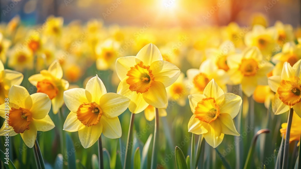 A field of bright yellow daffodils basking in the warm glow of the setting sun, creating a picturesque scene of springtime beauty. A field of bright yellow daffodils basking in the warm glow of the setting sun, creating a picturesque scene of springtime beauty.