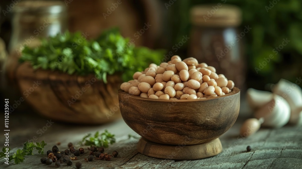 Soybeans and spices in a wooden bowl with fresh herbs on a rustic table for a healthy cooking concept Soybeans and spices in a wooden bowl with fresh herbs on a rustic table for a healthy cooking concept