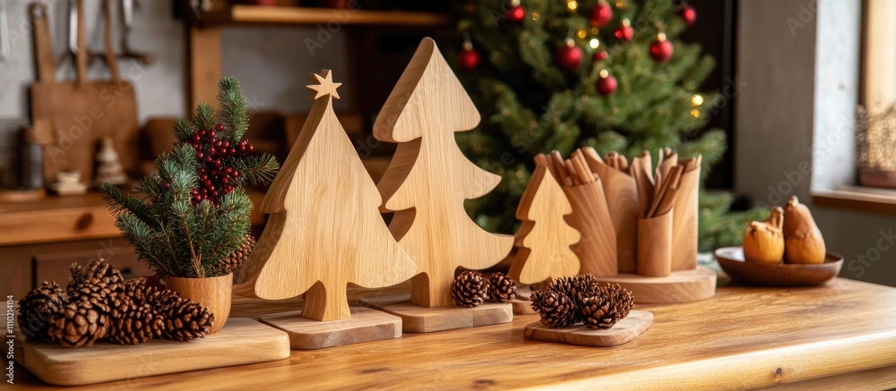 Obraz premium Wooden Christmas tree decorations and toys made from spruce showcasing festive spirit and holiday preparations in a cozy rustic setting