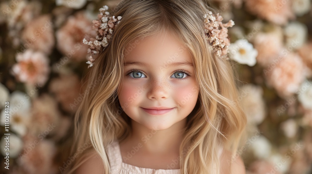 Portrait of a cheerful young girl with flowers in her hair against a floral background capturing innocence and joy in a studio setting Portrait of a cheerful young girl with flowers in her hair against a floral background capturing innocence and joy in a studio setting