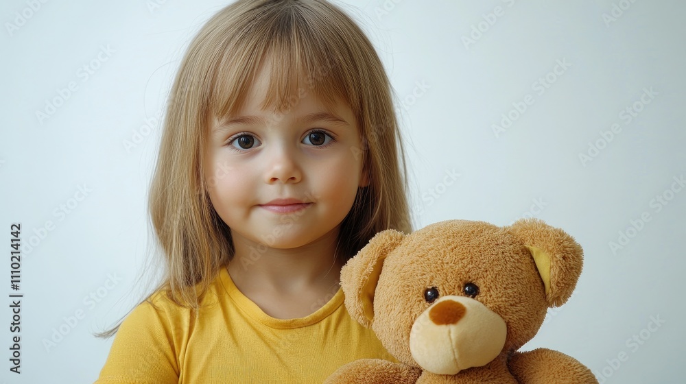 Cute little girl holding a soft teddy bear in a yellow shirt against a clean white background showcasing innocence and warmth