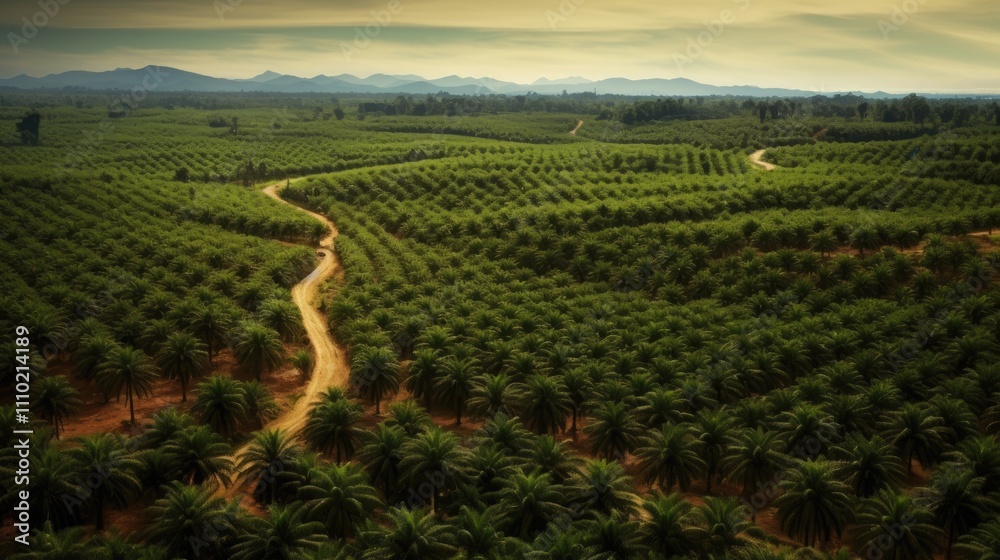 Aerial view of expansive oil palm plantation with winding paths and lush greenery under a dramatic sky in rural landscape. Aerial view of expansive oil palm plantation with winding paths and lush greenery under a dramatic sky in rural landscape.