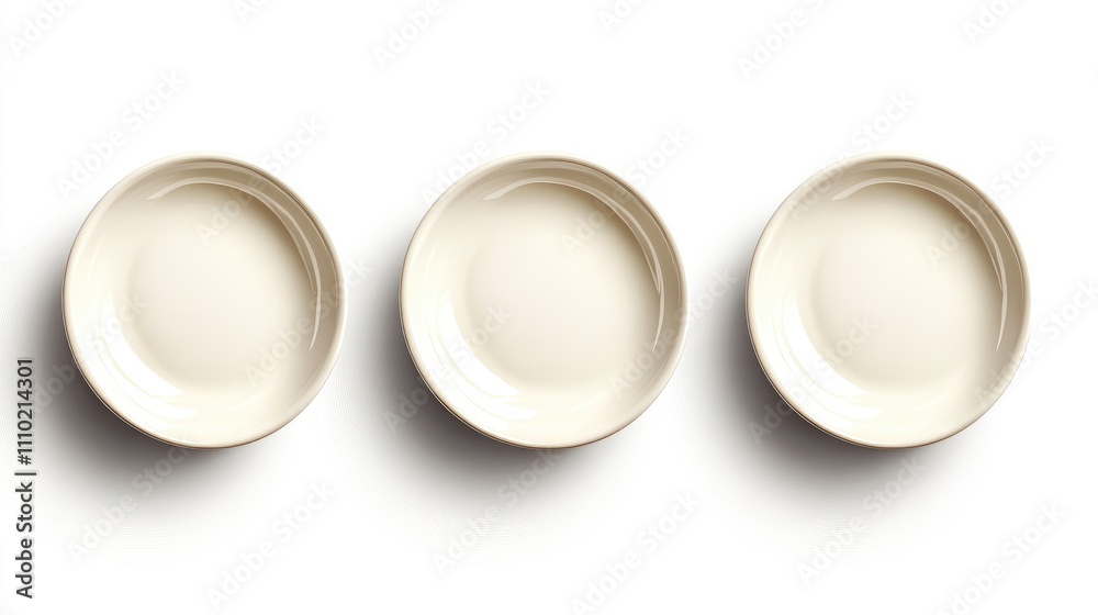 Three Empty Round Dishes Isolated on White Background Symbolizing Minimalism and Simplicity in Dining or Table Settings
