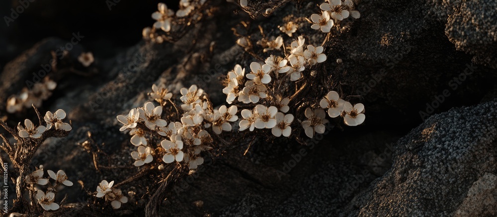 Delicate white flowers blooming on rocky terrain in a serene park setting during golden hour light Delicate white flowers blooming on rocky terrain in a serene park setting during golden hour light