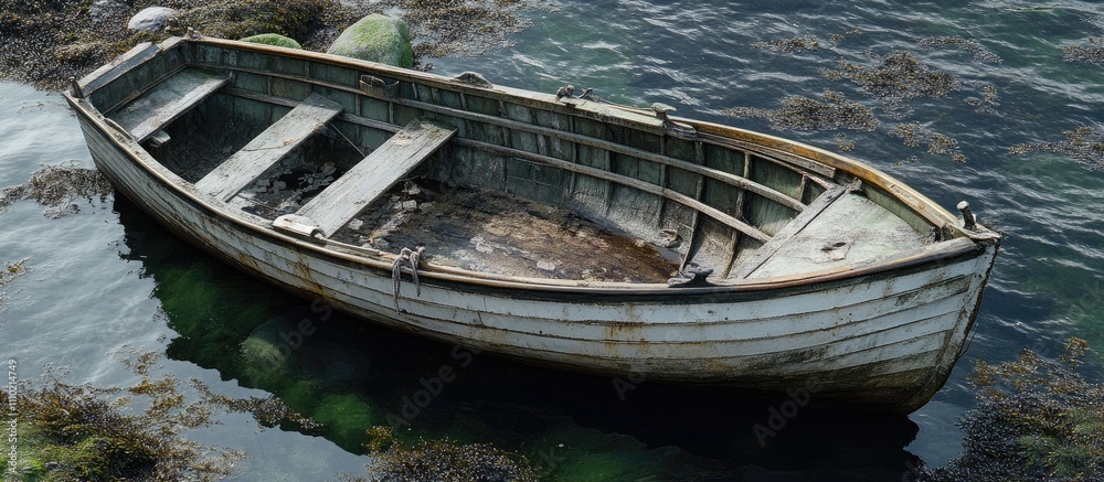 Aged abandoned boat floating on calm water surrounded by seaweed and natural stones in serene coastal environment Aged abandoned boat floating on calm water surrounded by seaweed and natural stones in serene coastal environment