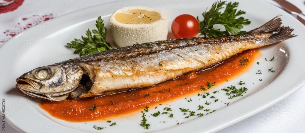 Traditional Pepes dish featuring grilled fish served with vibrant tomato sauce and garnished with fresh herbs and vegetables. Traditional Pepes dish featuring grilled fish served with vibrant tomato sauce and garnished with fresh herbs and vegetables.