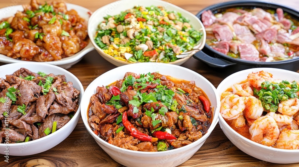Vibrant assortment of dishes at a traditional night market showcasing diverse flavors of Asian cuisine Vibrant assortment of dishes at a traditional night market showcasing diverse flavors of Asian cuisine