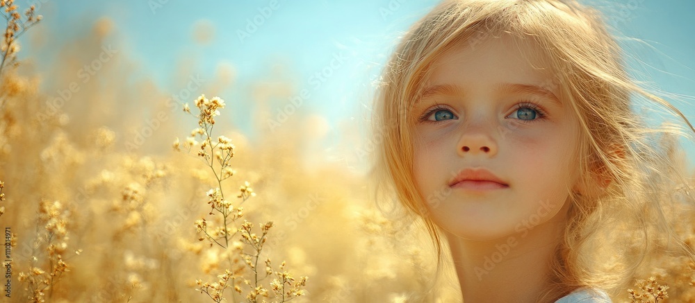 Child enjoying a sunny day in a golden field surrounded by wildflowers, capturing innocence and natural beauty in outdoor play. Child enjoying a sunny day in a golden field surrounded by wildflowers, capturing innocence and natural beauty in outdoor play.