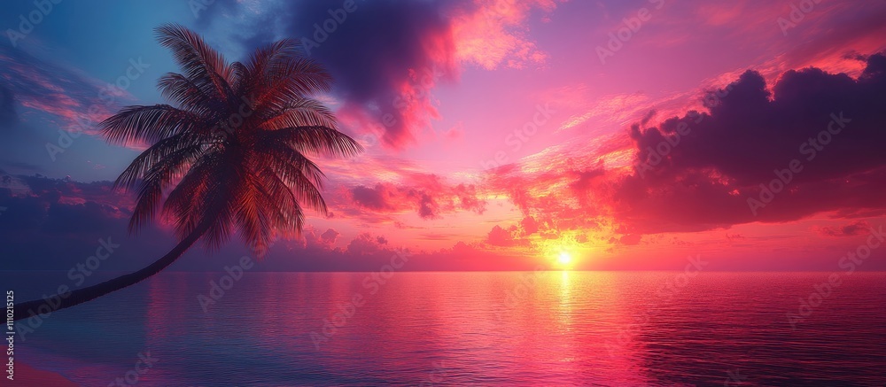 Palm tree silhouette against a vibrant pink and purple sunset sky over calm ocean waters creating a serene tropical atmosphere Palm tree silhouette against a vibrant pink and purple sunset sky over calm ocean waters creating a serene tropical atmosphere