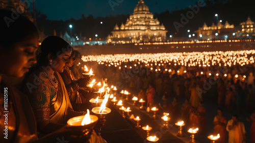 Tirupati Makaravilakku Festival, thousands of devotees gather at the steps of Tirumala temple, dressed in traditional attire with oil lamps in hand, Ai generated images photo