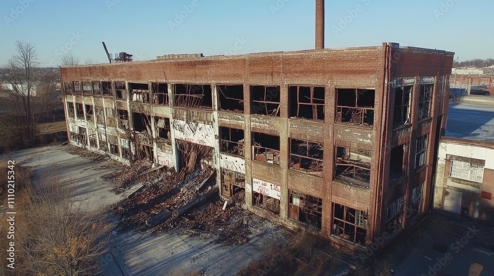 Fototapeta premium Abandoned industrial building showcasing decay and vandalism with broken windows and a crumbling facade against a clear sky background.