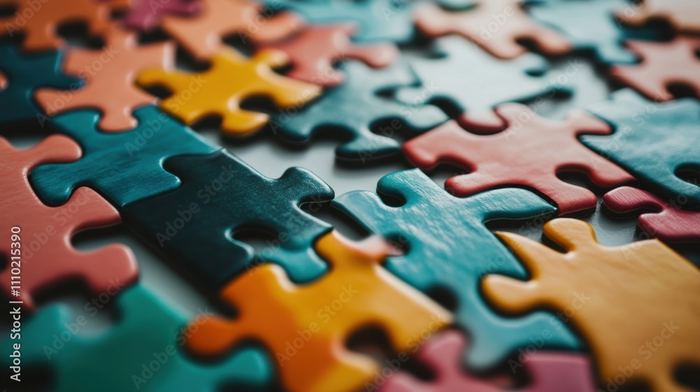 Fototapeta premium An abstract assembly of multi-colored interlocking puzzle pieces forming a unified, cohesive image on a clean surface, Symbolizing the integration of diverse elements into a single