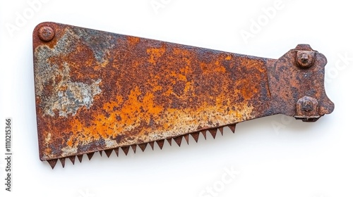 Rusty vintage metal hand saw isolated on a white background showcasing wear and age ideal for industrial and historical imagery. photo