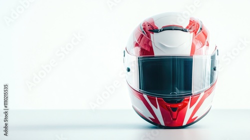 Contemporary motorcycle helmet with red and white design displayed on a clean white background for product showcase or advertisement. photo