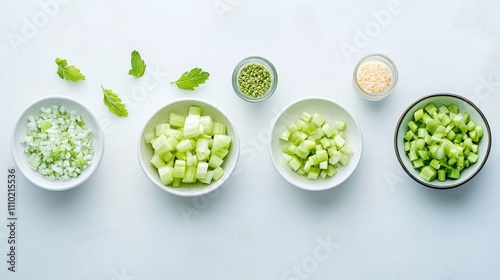 Variety of fresh chopped celery and herbs arranged in bowls on a light background for culinary or food preparation concepts