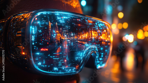 Innovative smart glasses reflecting a vibrant cityscape at night with luminous lights and technology details. Generative AI